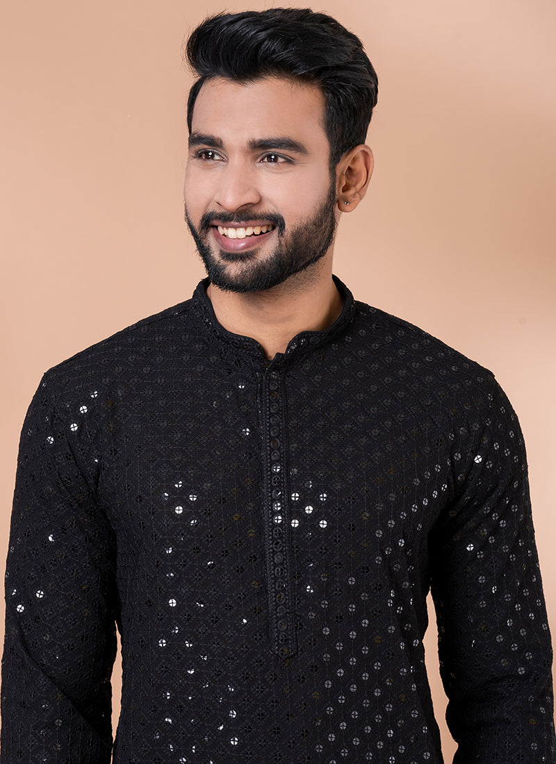 Black Light Embellished Kurta Pyjama
