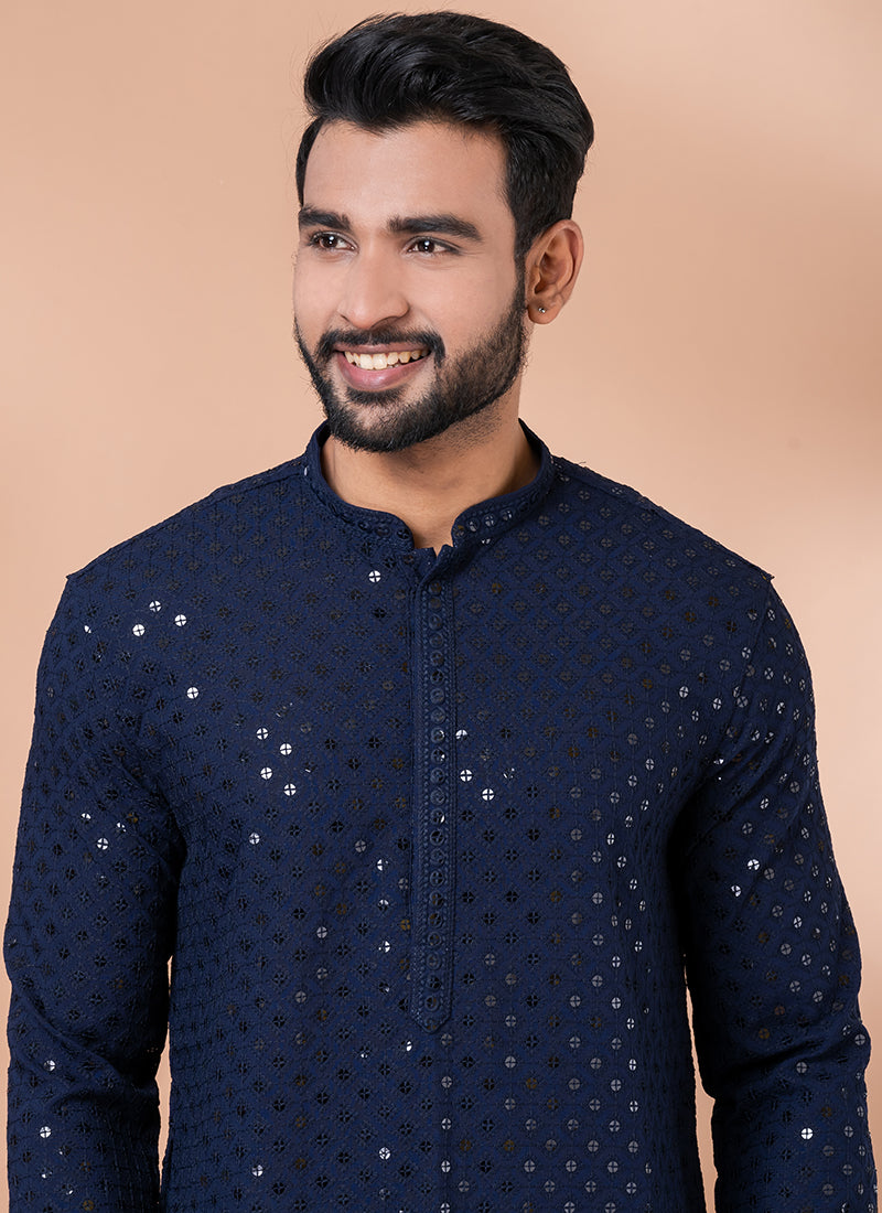 Navy Blue Light Embellished Kurta Pyjama