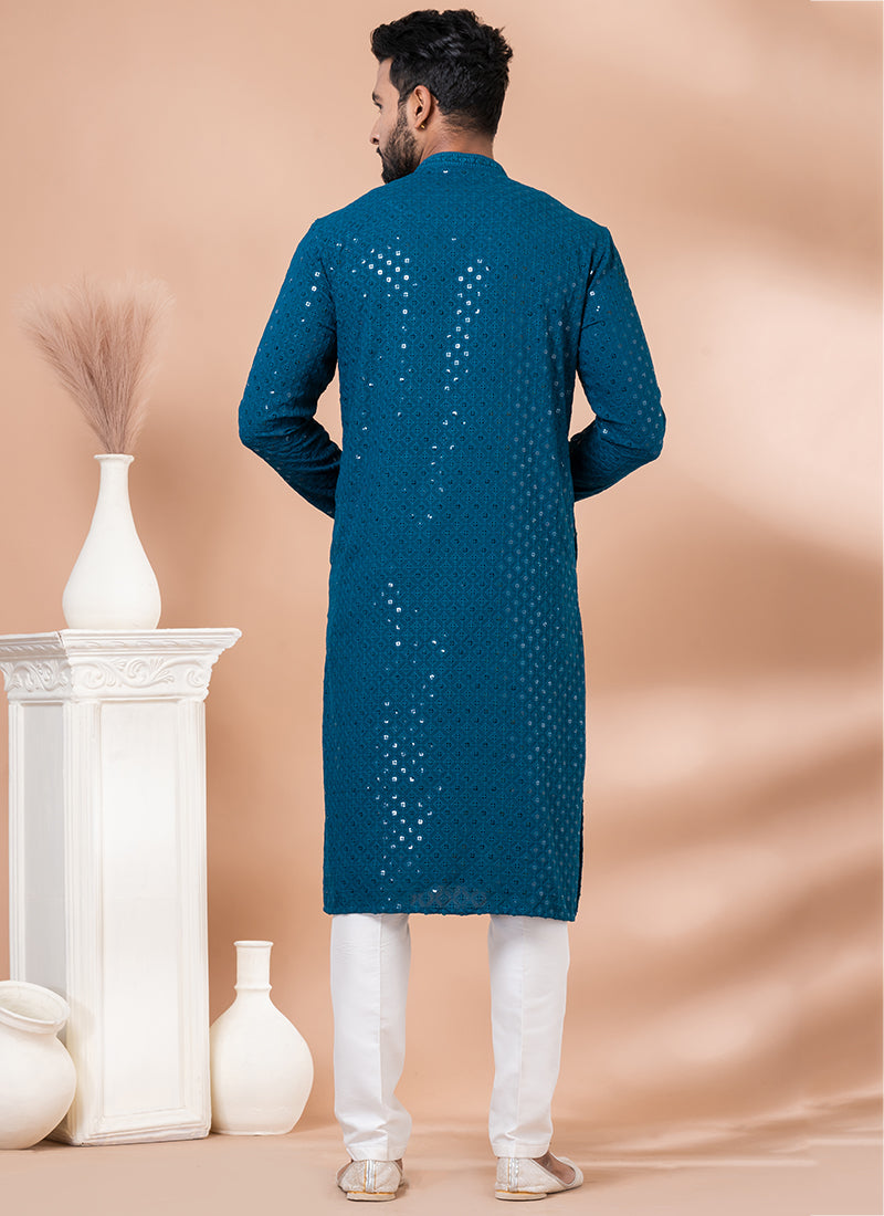 Teal Light Embellished Kurta Pyjama