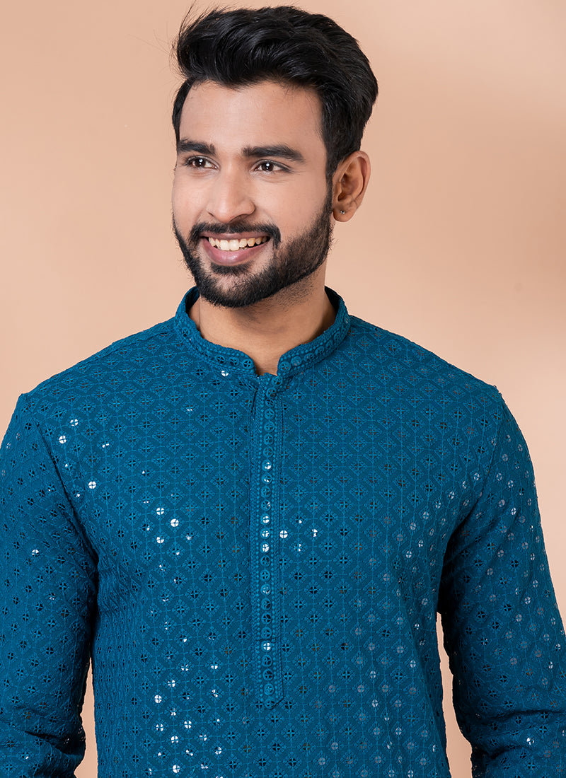 Teal Light Embellished Kurta Pyjama