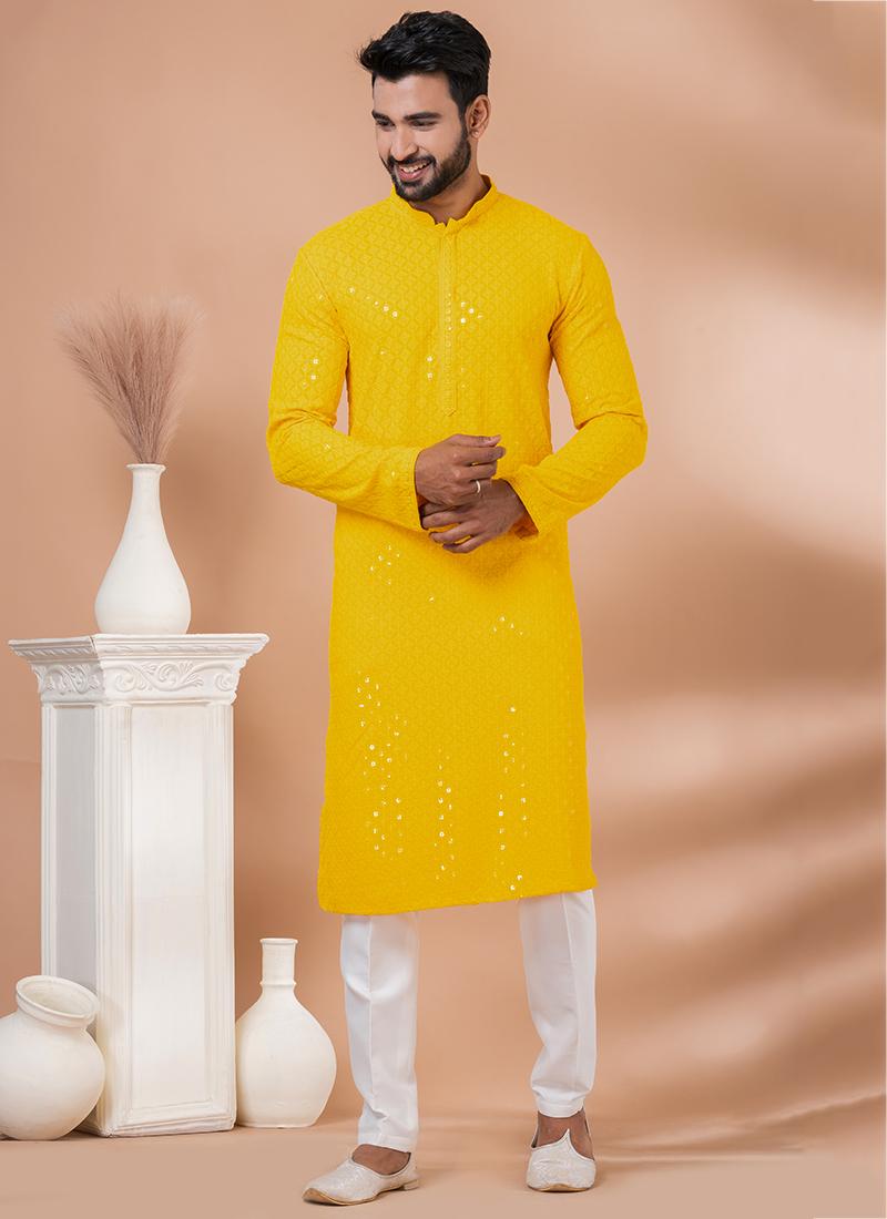Yellow Light Embellished Kurta Pyjama