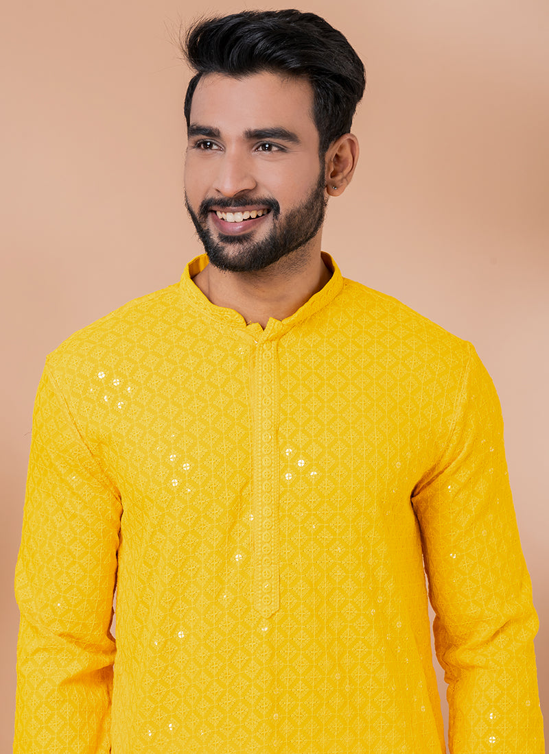 Yellow Light Embellished Kurta Pyjama