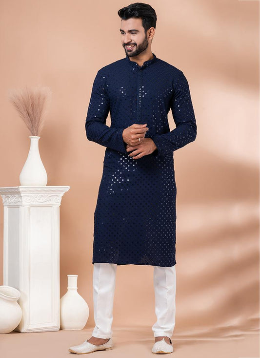 Navy Blue Light Embellished Kurta Pyjama