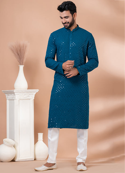 Teal Light Embellished Kurta Pyjama